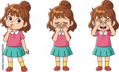 Cute cartoon girl showing different emotions with facial expressions, happy shy and crying reactions, expressive child character vector illustration set isolated