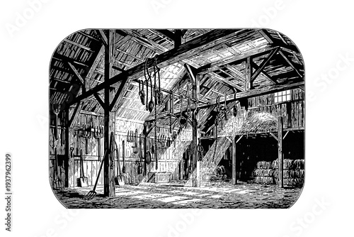 Rustic barn interior with sunlight streaming through wooden beams in vintage style