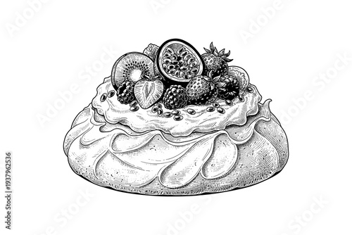 Hand drawn pavlova dessert with mixed fruits on whipped cream