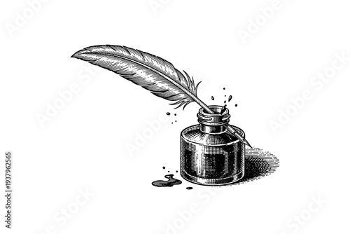 Vintage quill pen and inkwell in detailed engraved style
