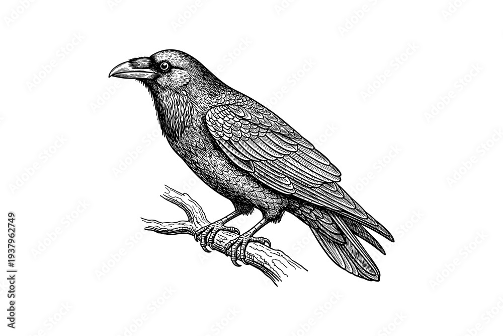 Fototapeta premium Intricate engraving of a detailed raven perched on branch