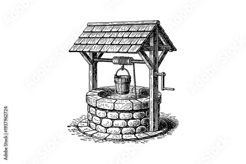Vintage hand-drawn water well with rope and bucket in rustic style