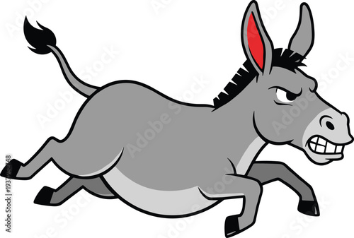 Angry cartoon donkey running with aggressive expression, funny farm animal character illustration, stubborn mule mascot vector isolated on light background