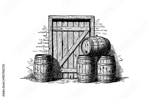 Hand-drawn rustic wooden barrels and door in vintage style