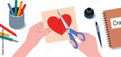Minimalist hand drawn line art vector of hands cutting a heart card with scissors on a creative desk.