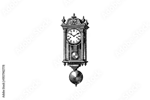 Vintage ornate wall clock with pendulum in black and white engraving style