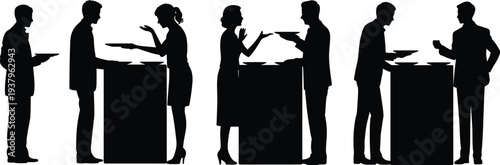 Business people networking at cocktail table silhouette set, professionals talking during corporate event meeting and conference social gathering vector illustration
