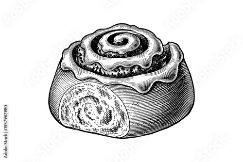 Vintage style cinnamon roll with icing in detailed engraving art