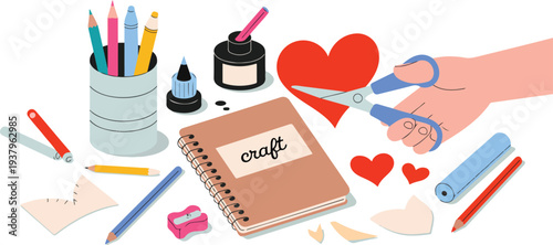 Minimalist hand drawn line art vector of hands cutting a heart card with scissors on a creative desk.