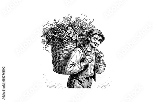 Vintage farmer with grapes harvest in black and white engraving style