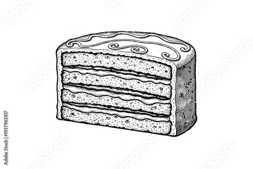 Intricate hand drawn slice of layered cake with decorative top