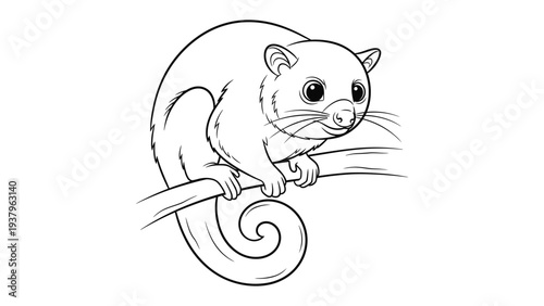 Possum in Artistic Sketch: A detailed, artistic illustration of a possum perched on a branch, capturing the animal's unique features with a focus on its expressive eyes and curled tail.