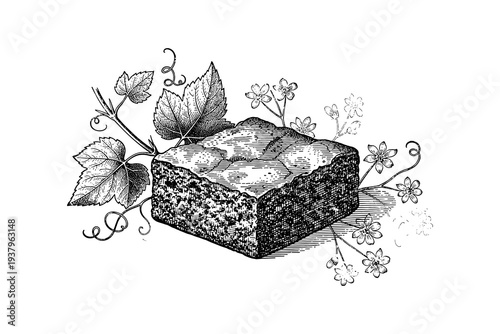 Detailed sketch of a brownie with botanical elements