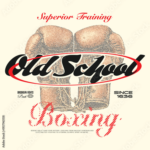 Vintage Old School Boxing T-Shirt Design with Retro Leather Gloves, Brooklyn Fights Aesthetic, Classic Sports Typography Graphic for Apparel, Vector Illustration for Combat Sports Training Wear.
