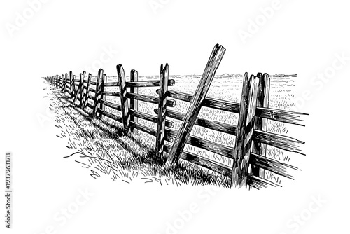 Rustic wooden fence in countryside landscape