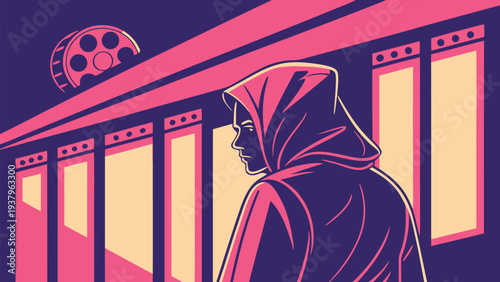 Hooded silhouette standing in front of a neon lit movie theater with a film reel on the roof at night