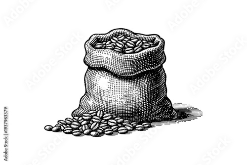 Vintage sack of coffee beans with intricate hand-drawn detailing