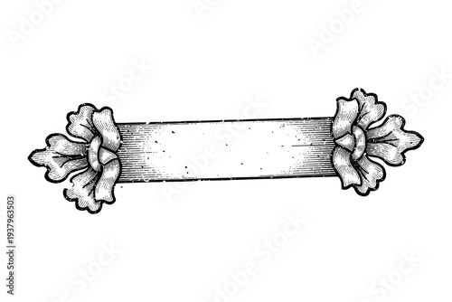 Vintage blank ribbon banner with ornate ends in engraved style
