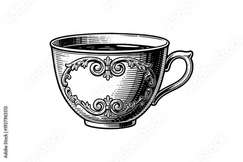 Intricately detailed vintage teacup in black ink style with ornate designs