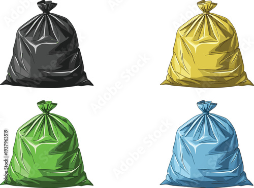 Colored plastic garbage bags collection for waste disposal, trash management and recycling concept vector illustration set
