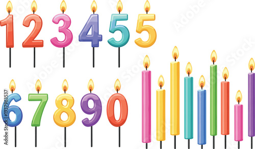 Colorful birthday number candles set from zero to nine with burning flames, festive party cake decoration vector illustration