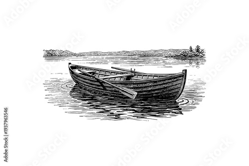 Vintage rowboat on serene lake with scenic mountain view in black and white