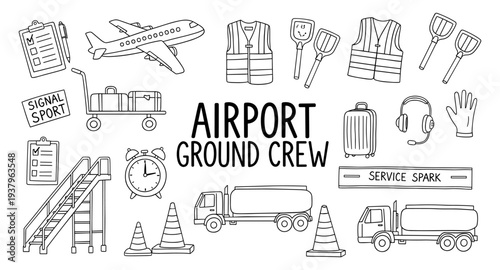 Airport ground crew equipment and vehicles illustrated in a doodle style