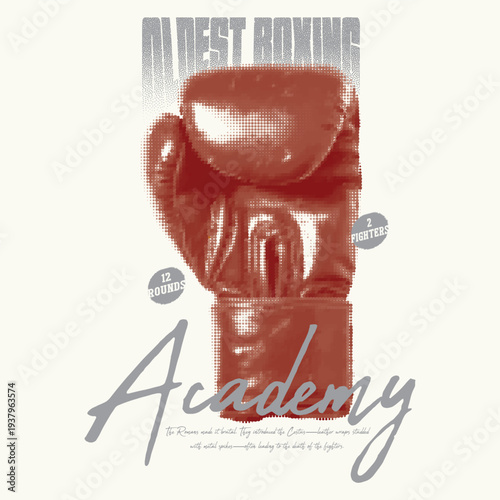 Vintage Red Boxing Glove T-Shirt Design with Half-tone Texture, Oldest Boxing Academy Streetwear Graphic, Retro Combat Sports Typography for Apparel, 12 Rounds Fight Club Poster.