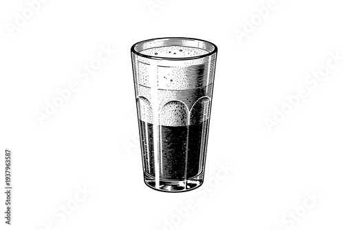 Intricate sketch of a soda glass with effervescent bubbles in black and white