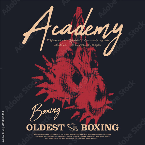 Vintage Boxing Academy T-Shirt Design with Ancient Roman Cestus Graphics, Retro Combat Sports Typography, Distressed Boxing History Poster for Apparel and Streetwear Print.