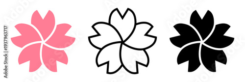 桜アイコンセット 回転花びらのサクラ花デザイン カラー・アウトライン・シルエットの春フラワーベクター素材 / Sakura flower icon set spiral petal cherry blossom spring vector

