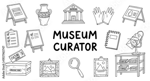 Museum curator's essential tools and artifacts for collection management and display