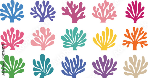 Colorful coral reef shapes collection, abstract marine coral silhouettes isolated ocean underwater decorative vector illustration set
