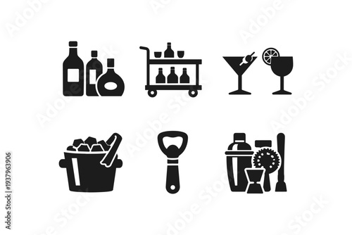 Collection of bar and drink icons including bottles, ice bucket, and cocktail shaker