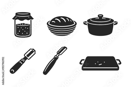 Collection of kitchen utensils and cookware icons for baking and cooking
