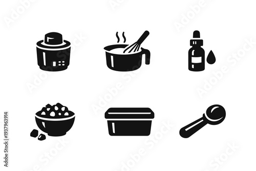 Collection of kitchen and food preparation icons in a simple black and white style