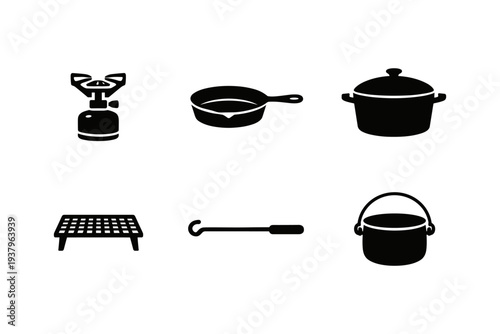 Collection of camping cooking equipment icons including a portable stove, grill, and pots