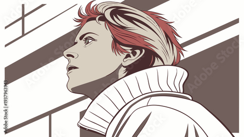 Person with blond and red hair wearing white high collar looking left in modern illustration