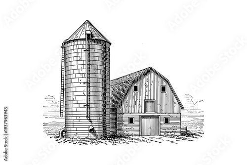 Vintage farm scene with barn and silo in detailed hand-drawn style