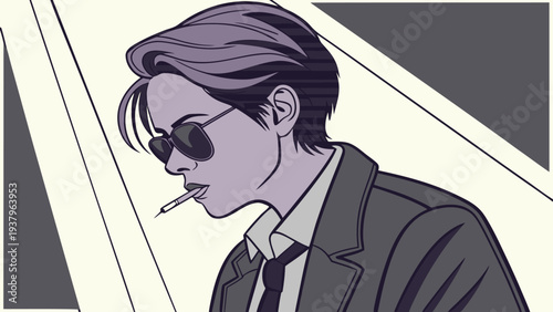Young person with dyed purple hair smokes a cigarette in a stylish suit and sunglasses exuding a rebellious attitude in a geometric background