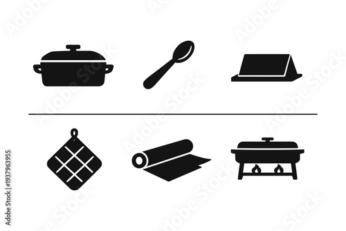 Collection of kitchen and dining icons representing cooking and serving utensils
