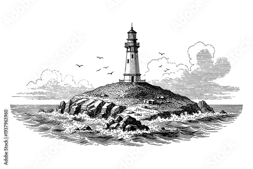Detailed vintage lighthouse on rocky shoreline with ocean waves and seagulls