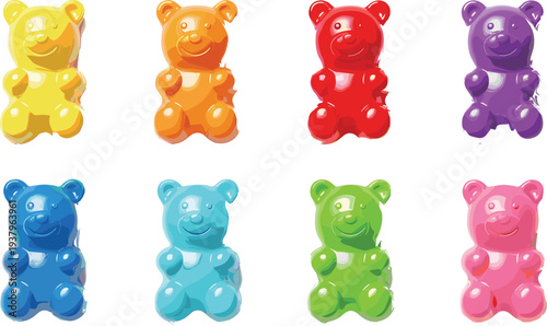 Colorful gummy bear candy collection with glossy jelly texture, sweet gelatin dessert treat illustration isolated vector set