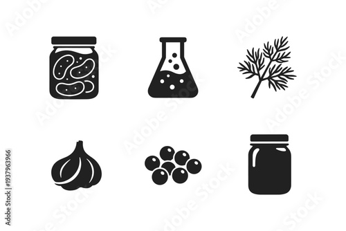 Pickling ingredients and equipment icons for food preservation and fermentation