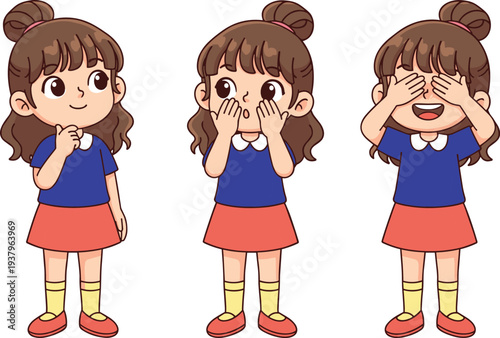 Cartoon Little Girl Emotions Set Showing Shy Surprised and Laughing Expressions, Cute Kids Feelings and Facial Reactions Character Vector Illustration Collection