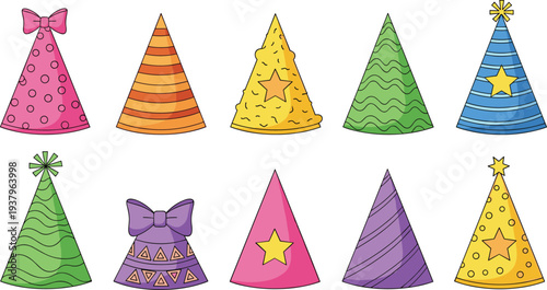 Colorful party hats collection with stars, bows and patterns, festive birthday celebration hat icons vector illustration set