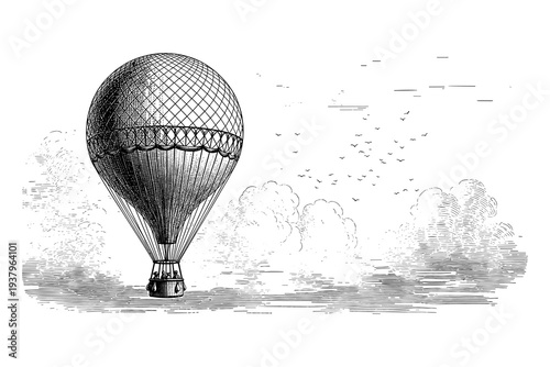 Vintage hot air balloon with landscape elements in a detailed etching style