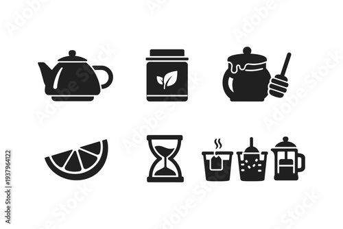 Collection of icons representing tea preparation and ingredients like teapot, tea leaves, honey, lemon, and hourglass
