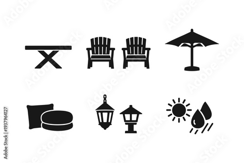 Collection of outdoor furniture and weather icons for patio design