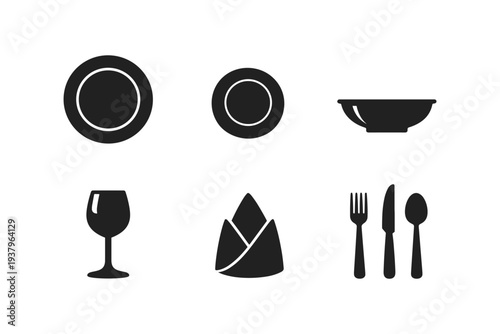 Collection of simple black icons representing dining and tableware elements on a white background